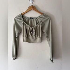 Nasty Gal Green Ribbed Long Sleeve Crop Keyhole Top Elastic Sleeve Cuff